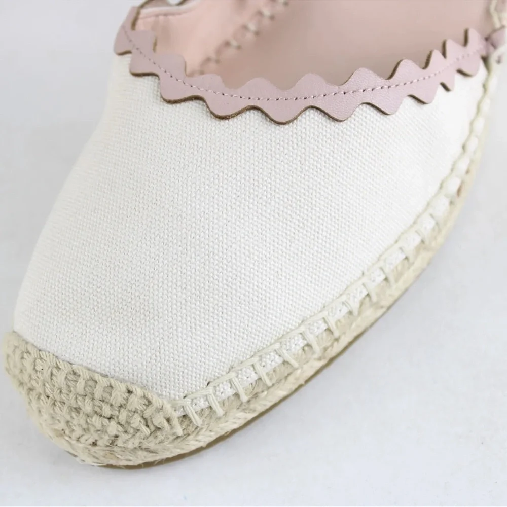 Kate Spade Espadrille Wedge Sandals NWT Cream Canvas Pink Scalloped Ankle Strap
